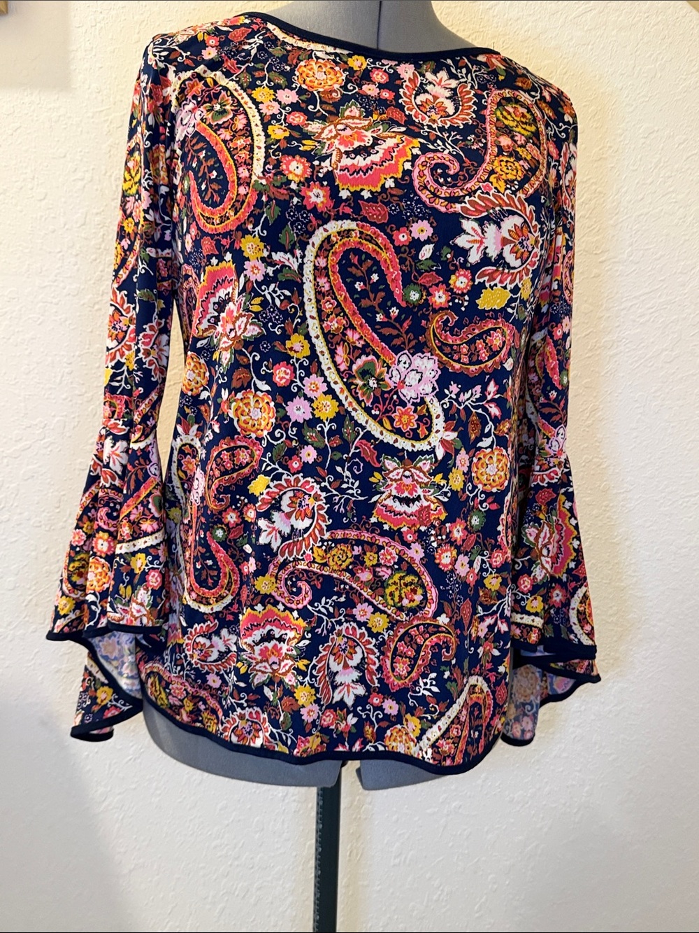 Navy Paisley Bell-Sleeve Tunic Top
